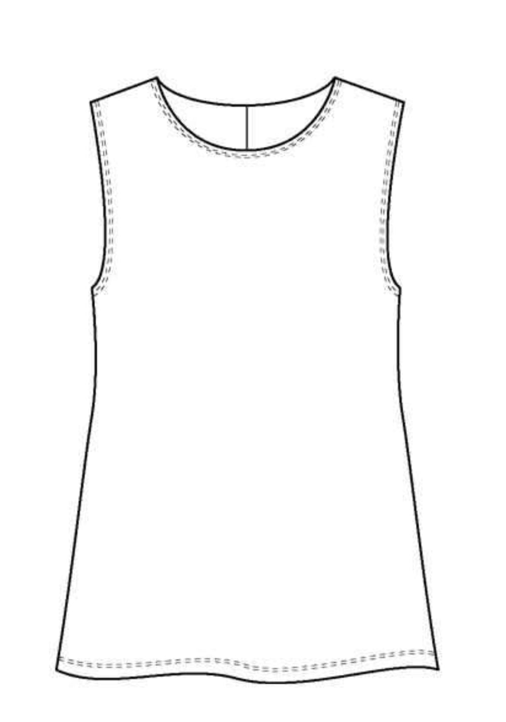 Line drawing of a sleeveless top on a white background