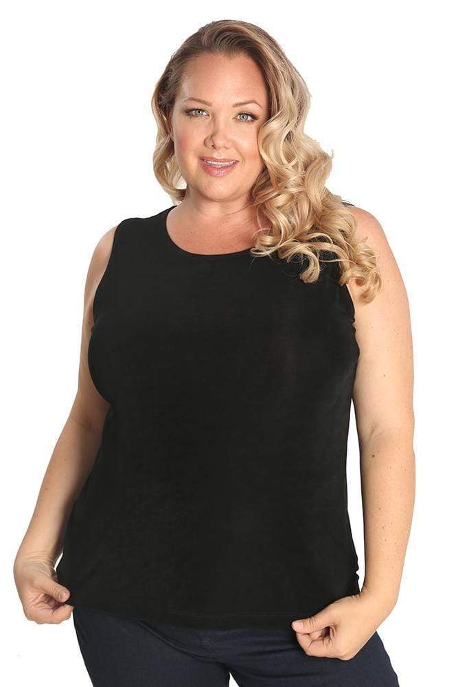 Woman wearing a black sleeveless top on a white background