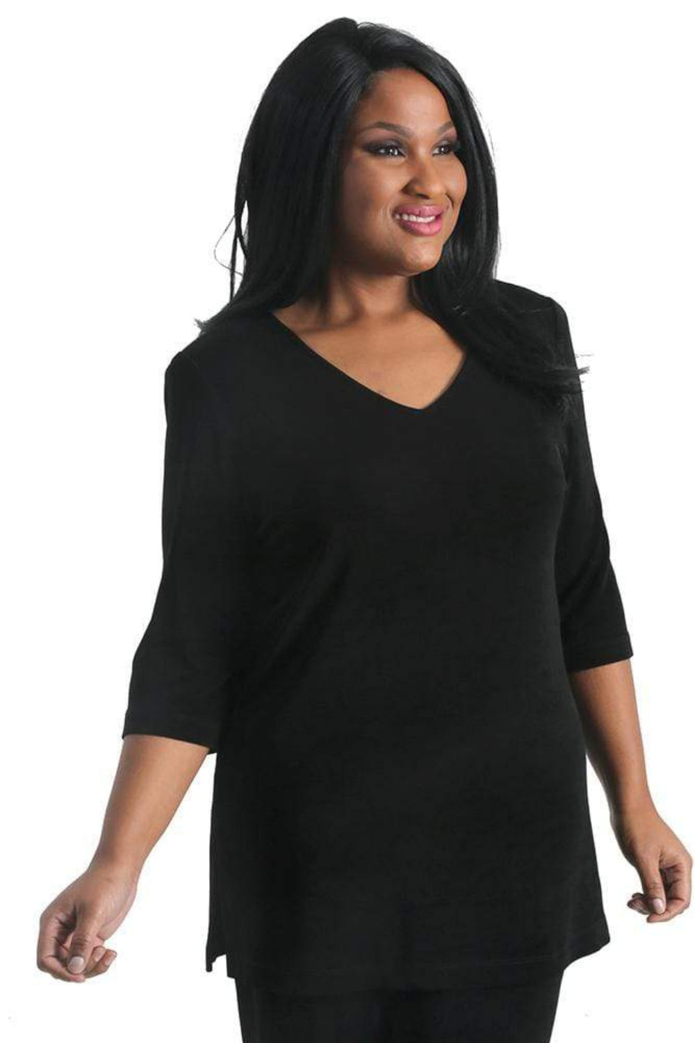 Woman wearing a black top on a white background
