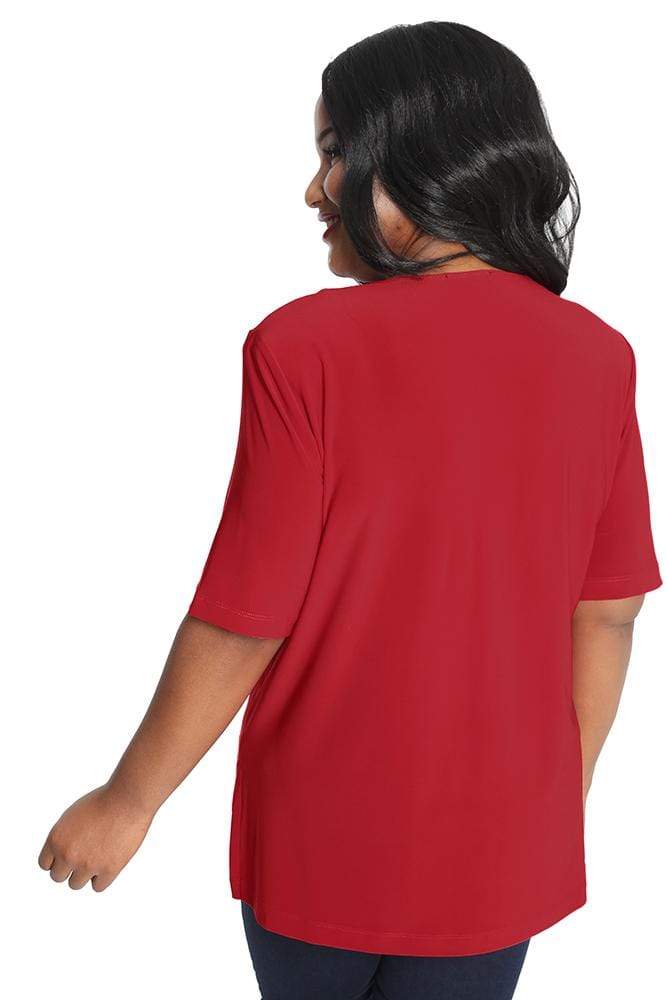 Woman wearing a red t-shirt on a white background
