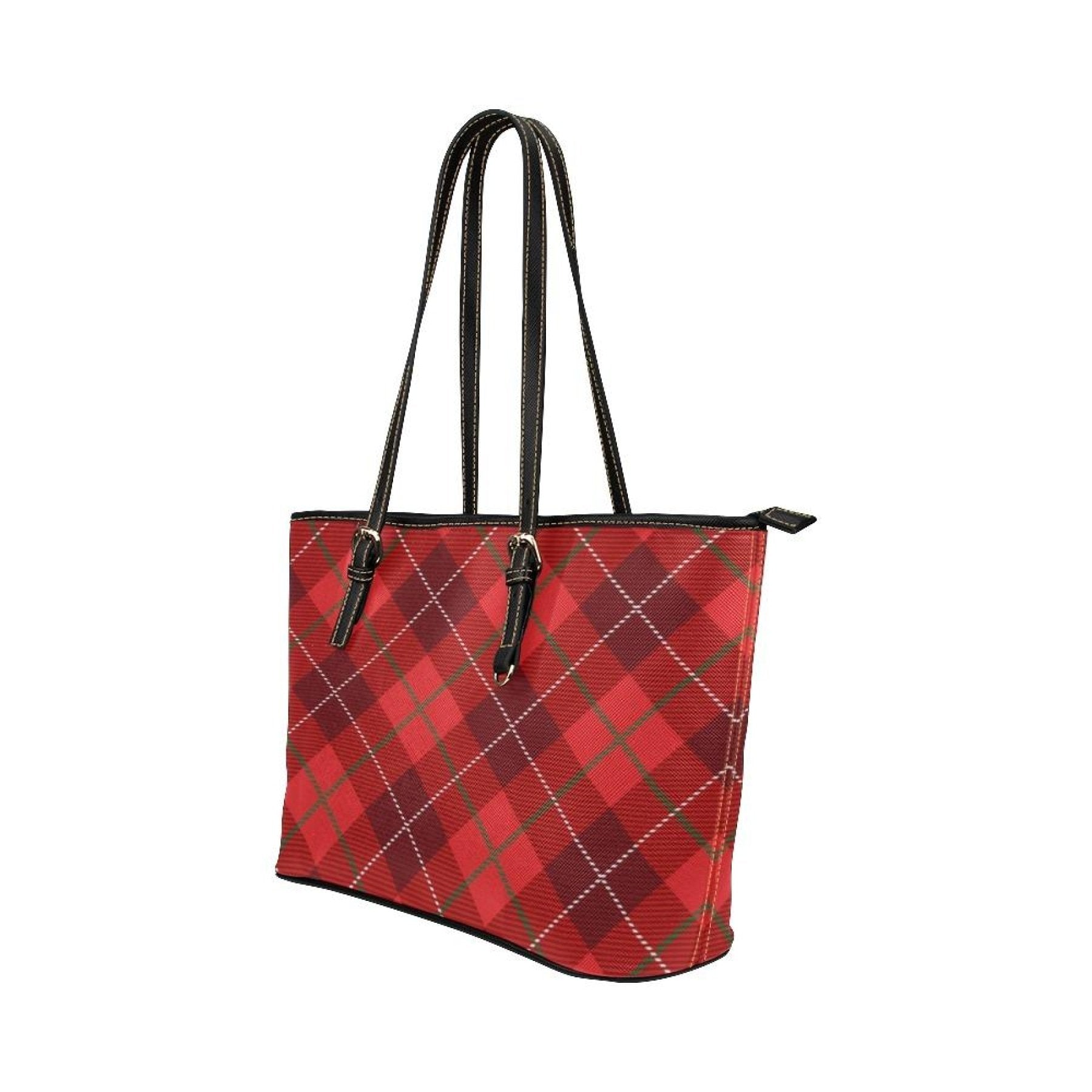 Red And Black Plaid Pattern Leather Tote