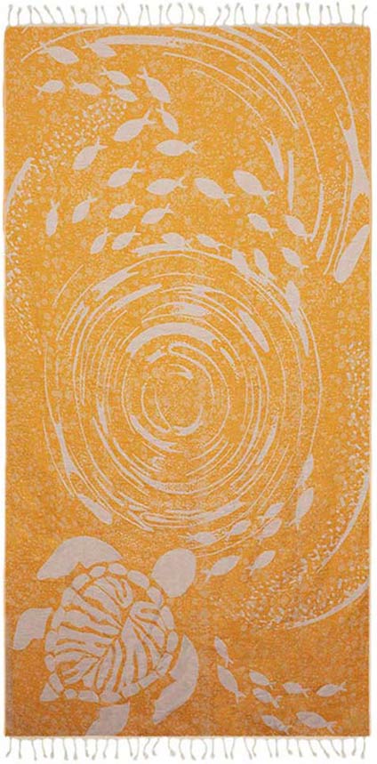 Orange towel with white turtle and fish pattern