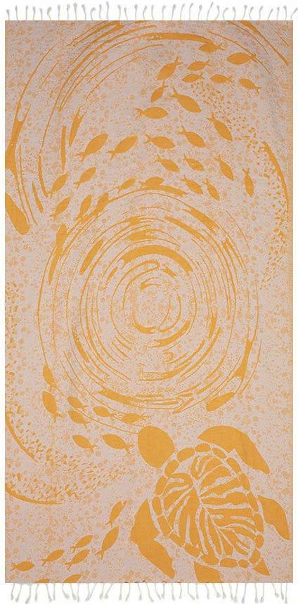Beige towel with yellow turtle and wave pattern