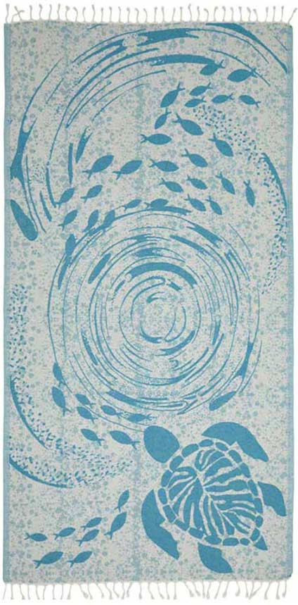 Rug with turtle and fish design on a blue and gray background