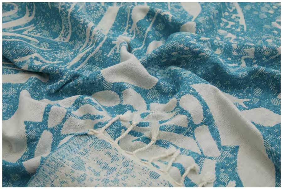 Close-up of a blue and white patterned fabric