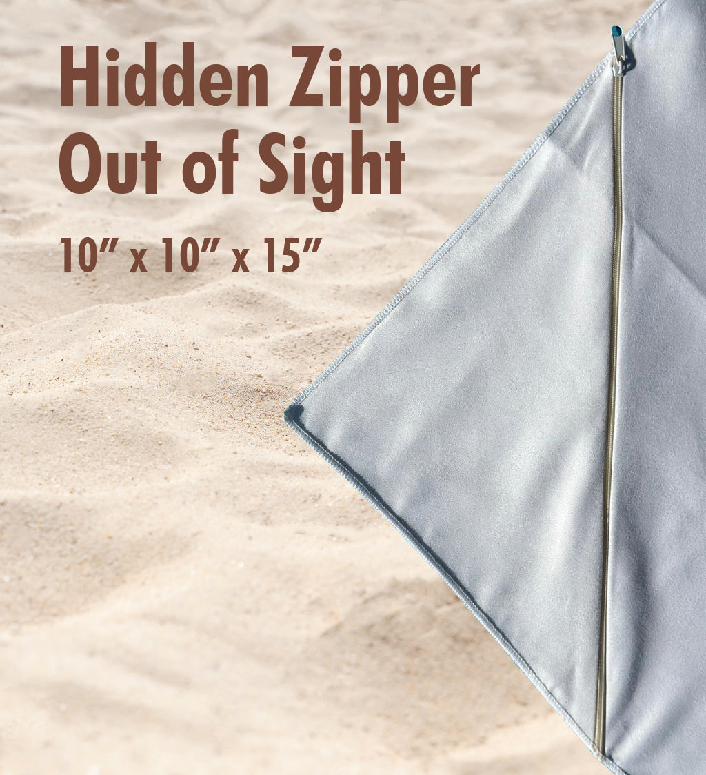 Folded fabric with a hidden zipper on a wooden surface, text indicating dimensions.