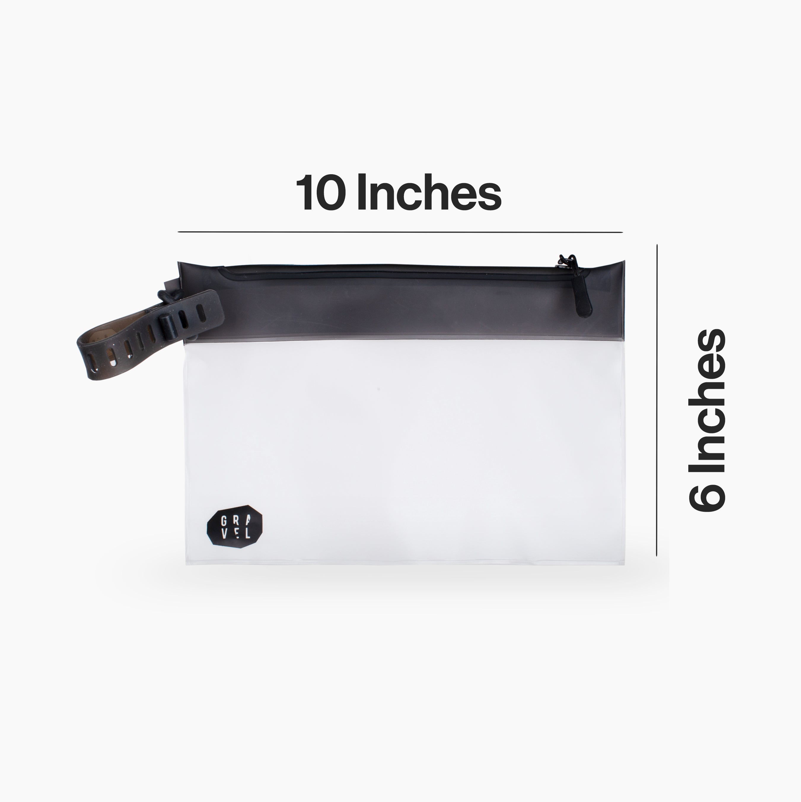 Measurement chart showing a pouch with dimensions of 10 inches by 6 inches on a white background.