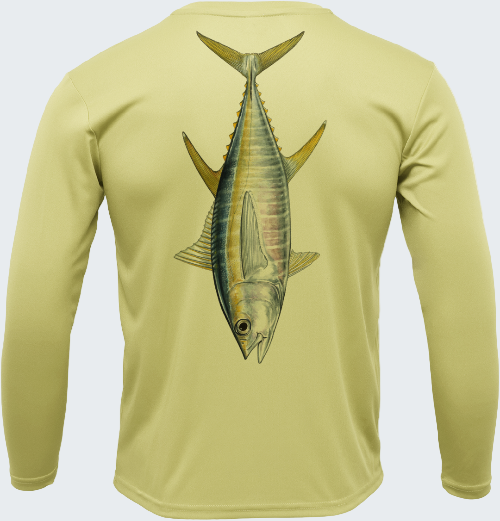 Light green long-sleeve shirt with a fish design on the back against a white background