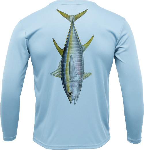 Light blue long-sleeve shirt with a fish design on the back against a white background