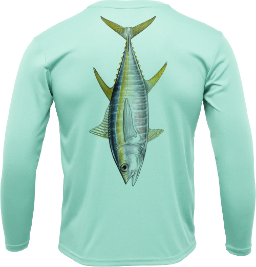 Light blue long-sleeve shirt with a fish design on the back against a white background