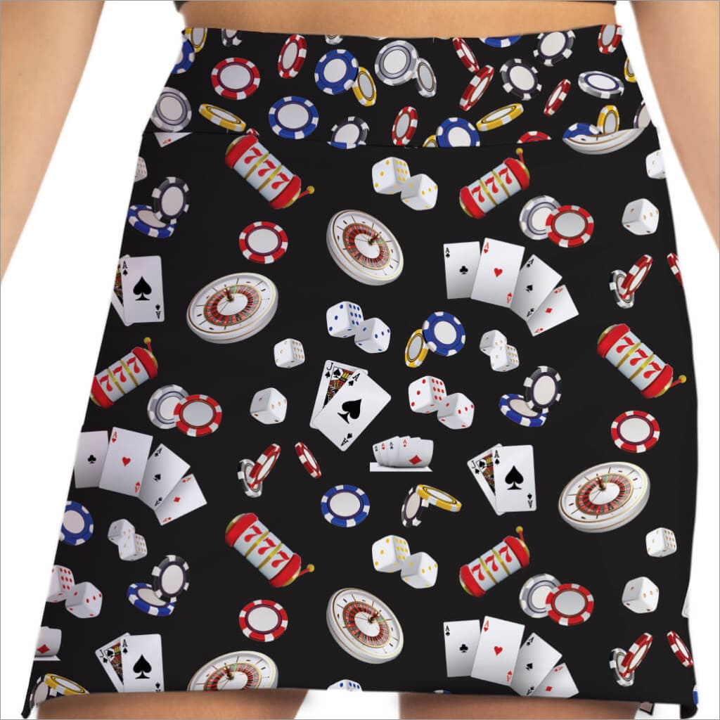 Skirt with poker-themed pattern on a black background