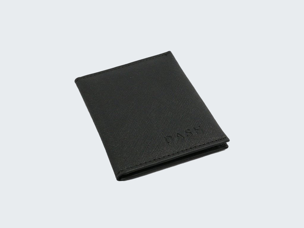 Black wallet with 'DASK' branding on a light gray background