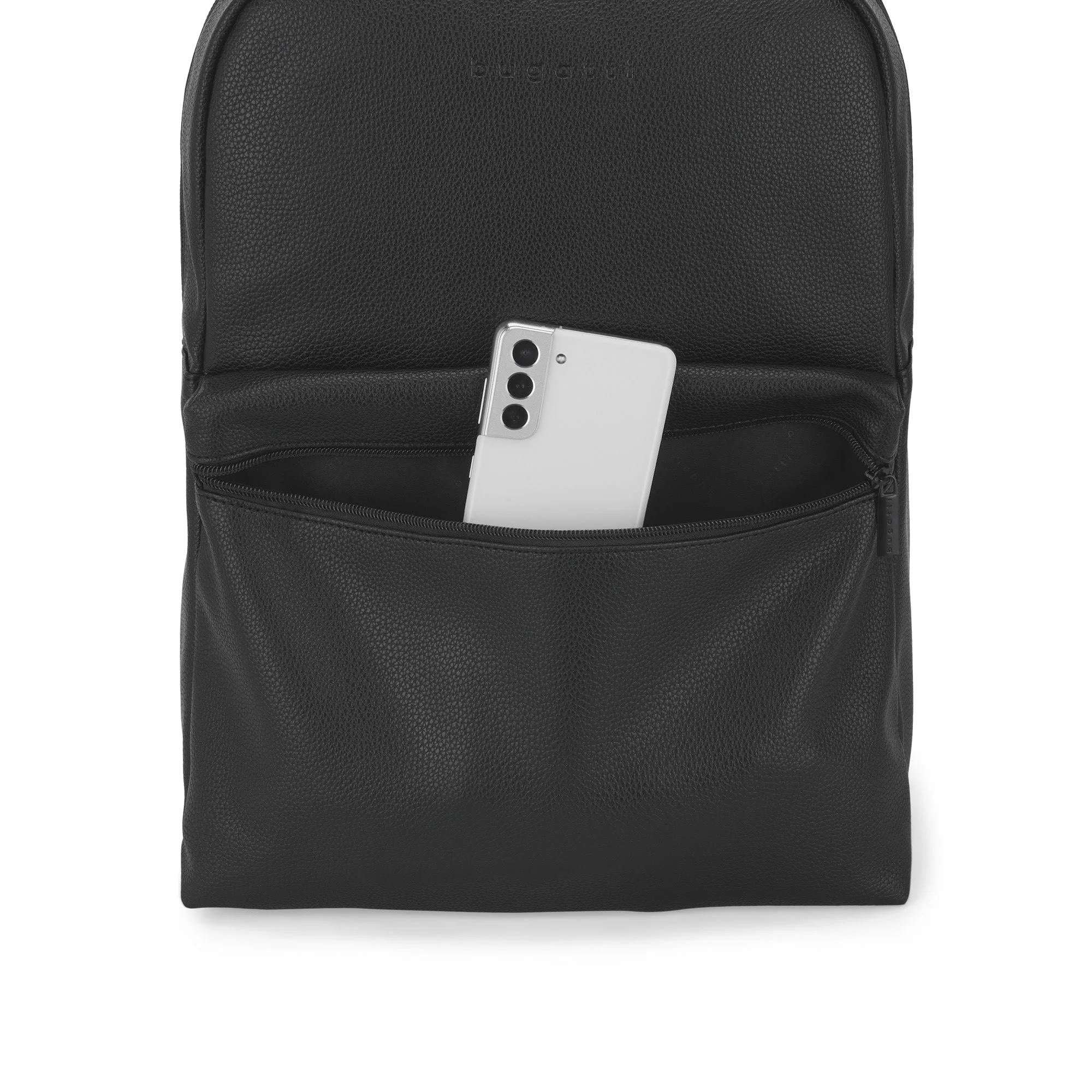 Black backpack with a pocket containing a smartphone on a white background