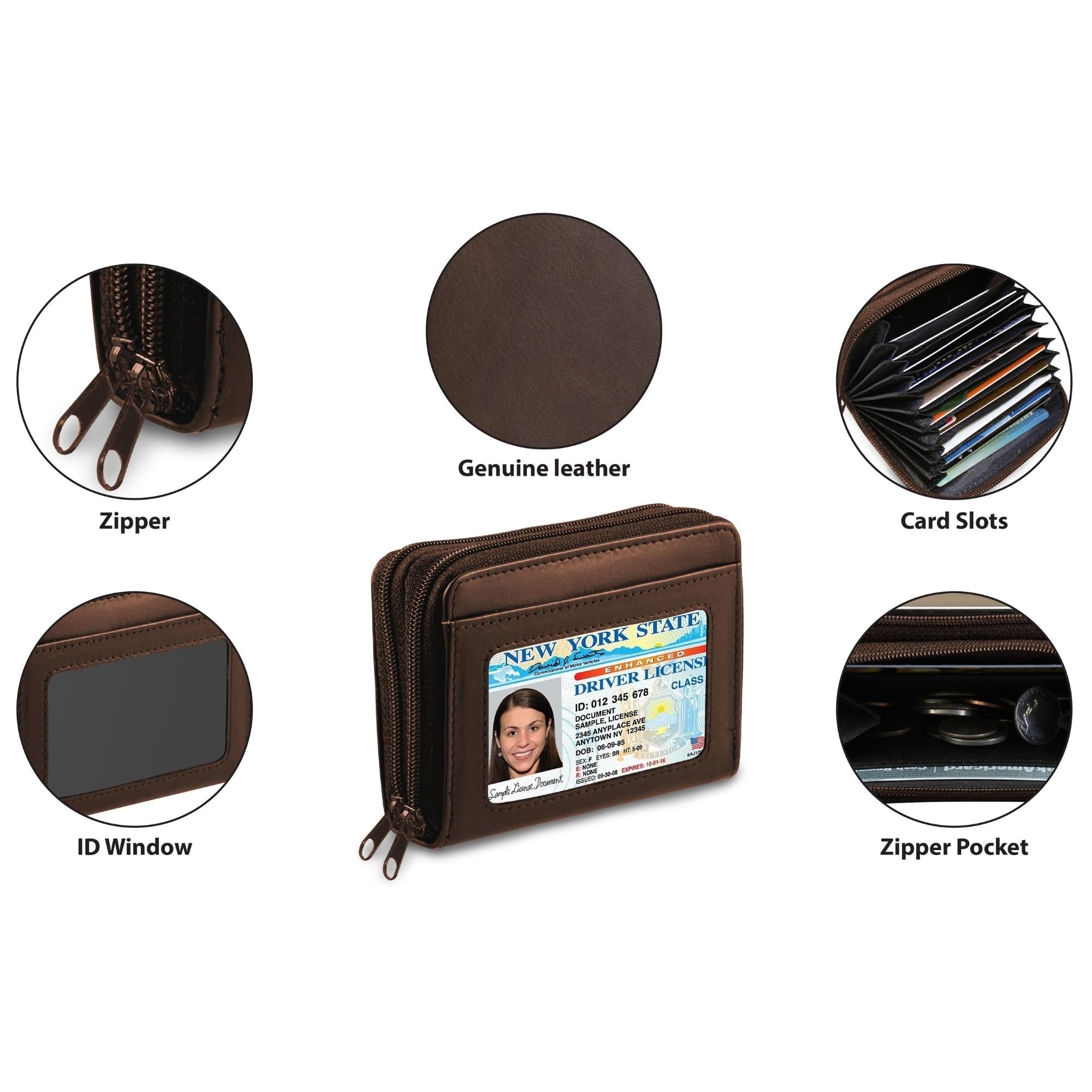 RFID Genuine Leather Credit Card Wallet for Women w/ ID Display Window