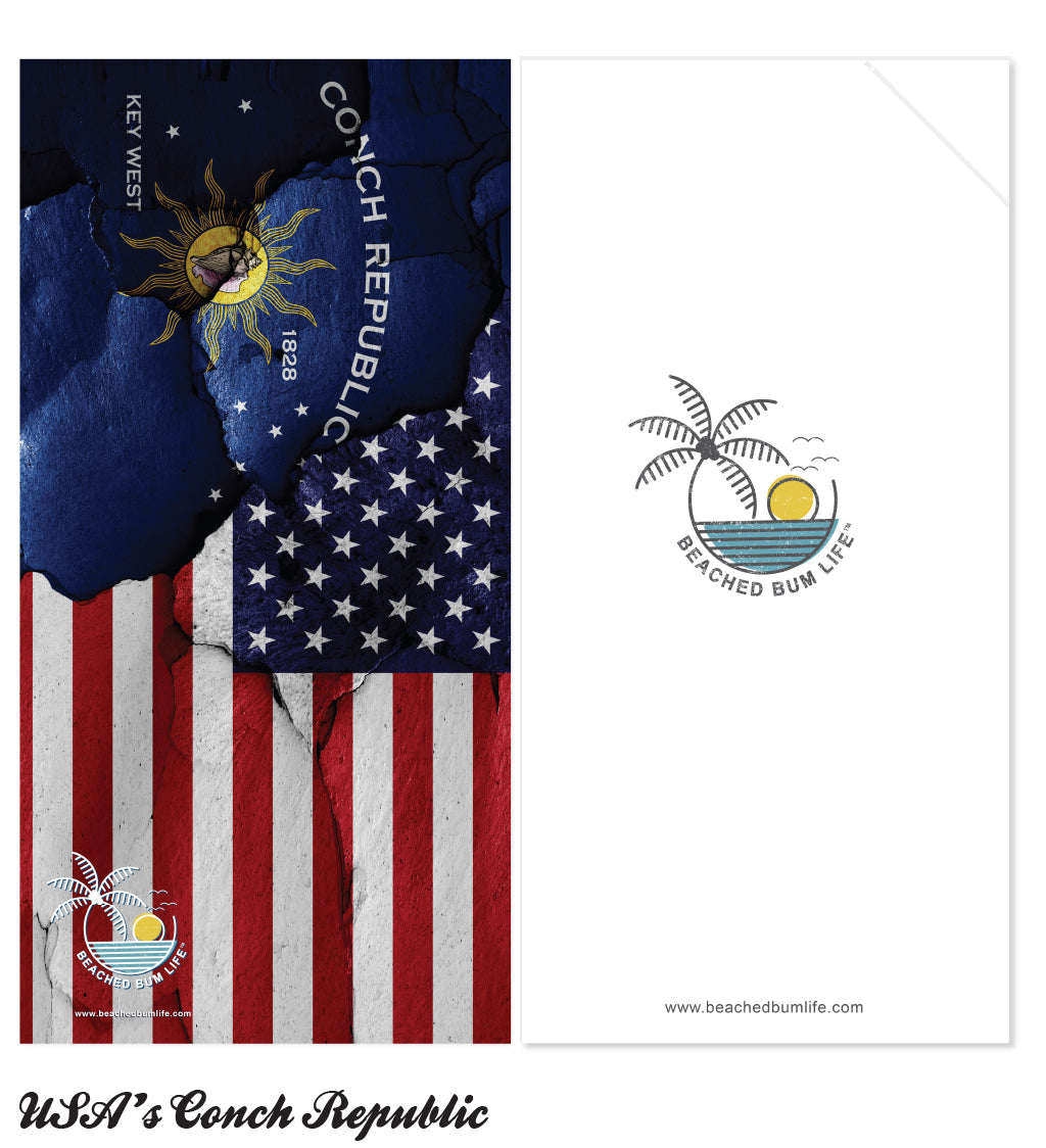 Design with American flag and Conch Republic flag, featuring 'Beached Bum Life' logo.