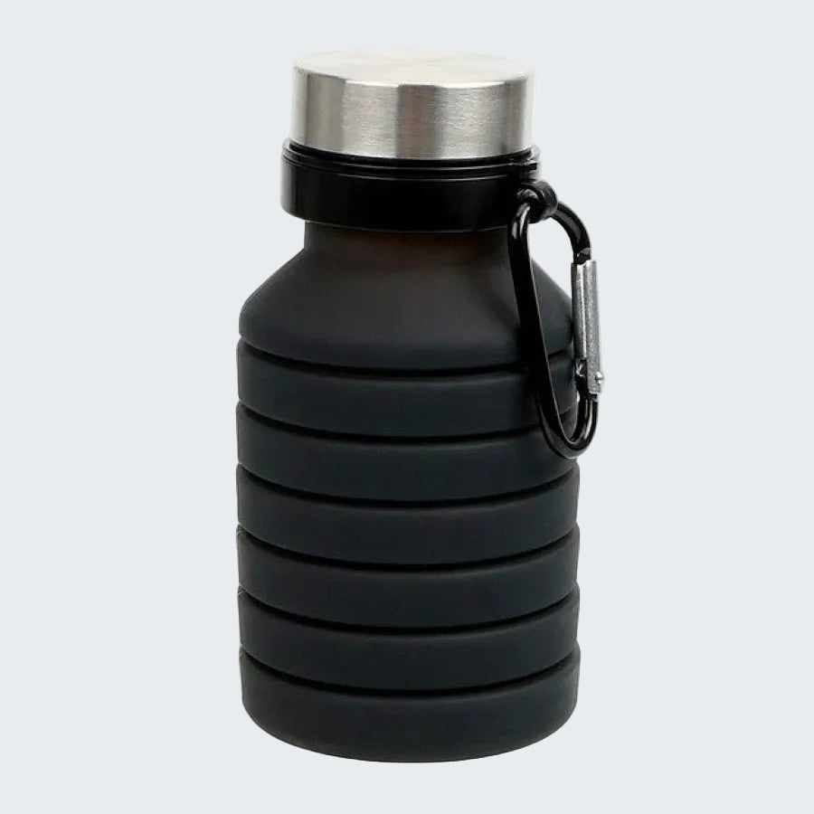 Black collapsible water bottle with silver cap on a white background