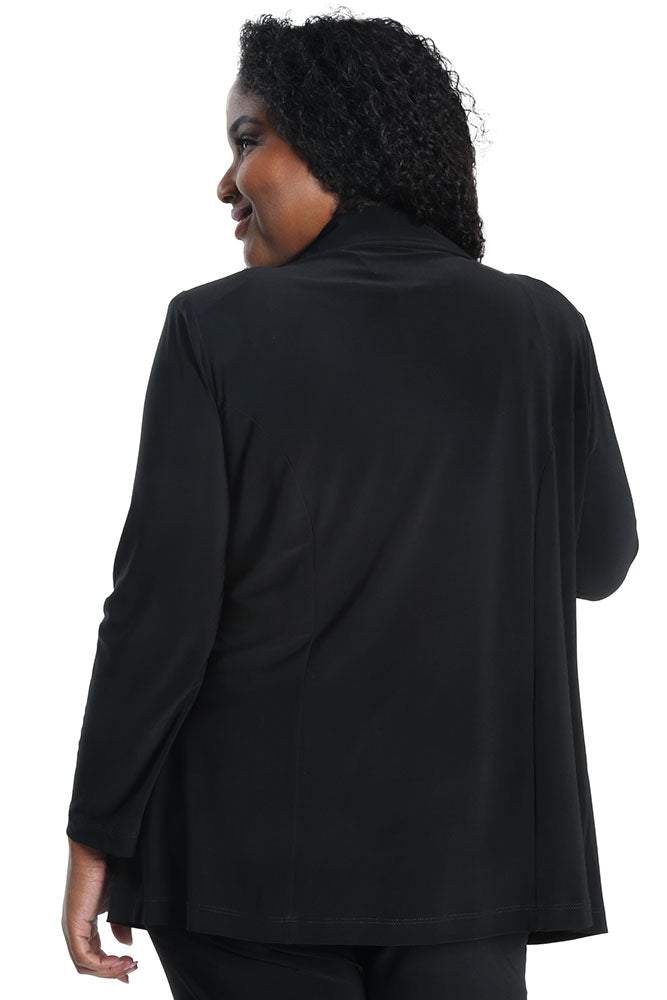 Person wearing a black jacket on a white background