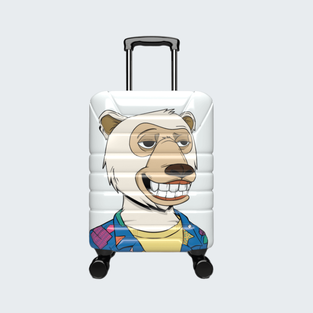 Suitcase with a cartoon bear design on a white background