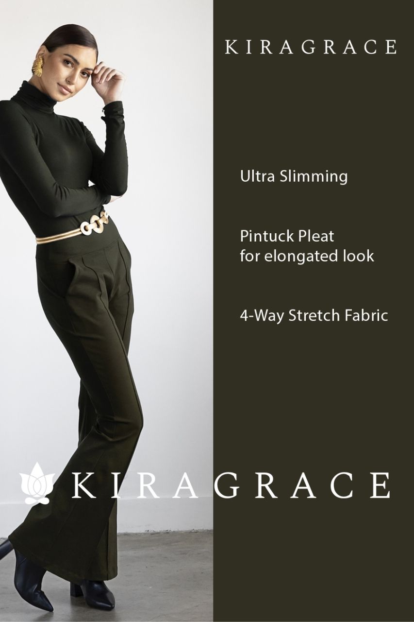 Woman wearing a black outfit with gold accents, standing next to text about Kiragrace clothing features.