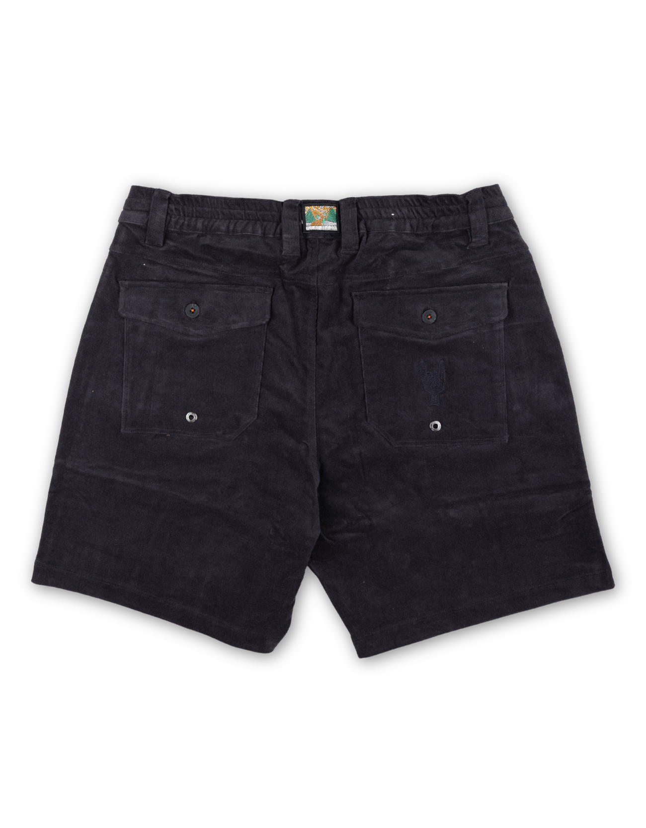 Black shorts with a brand logo on a white background
