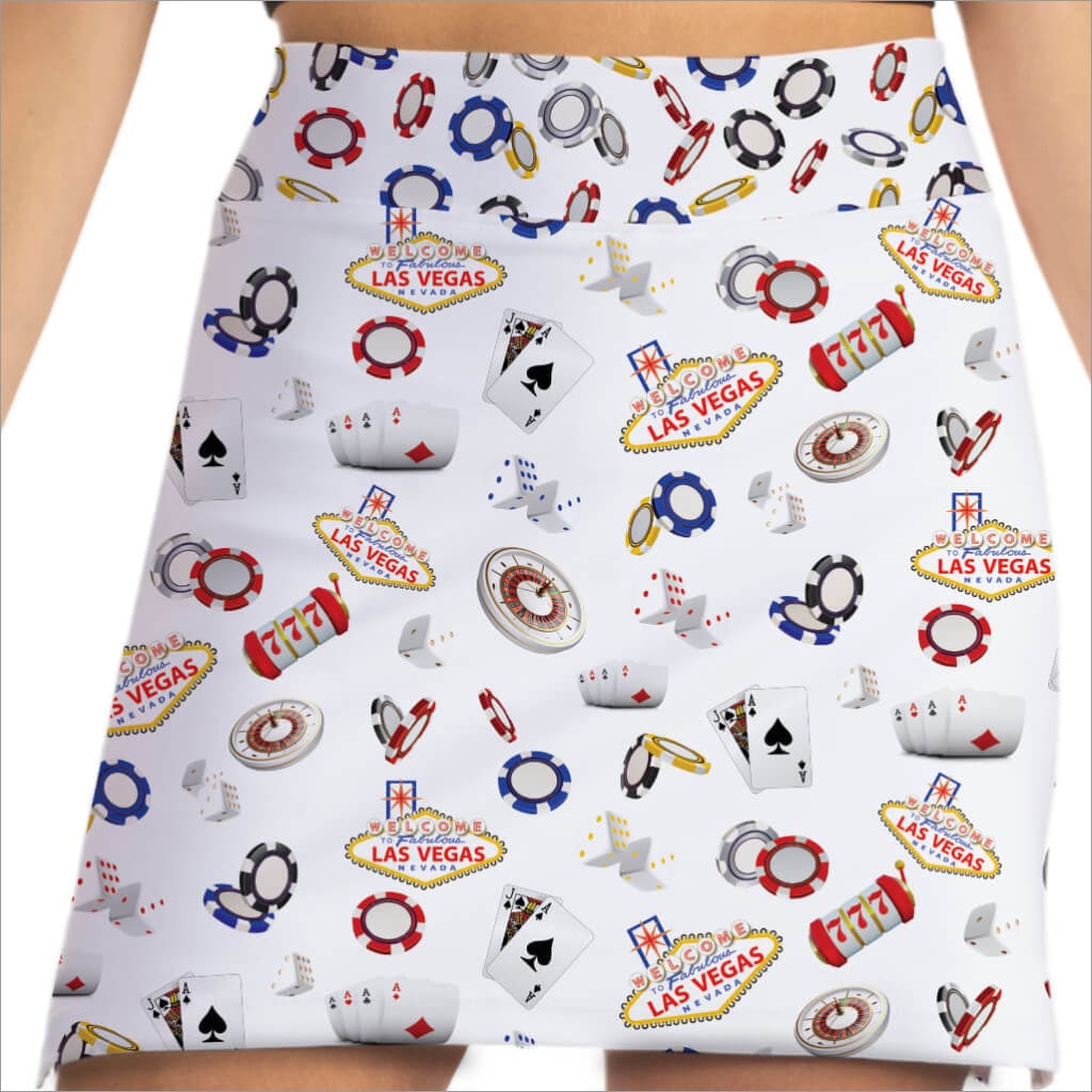 Skirt with Las Vegas-themed pattern featuring cards, chips, and signs.
