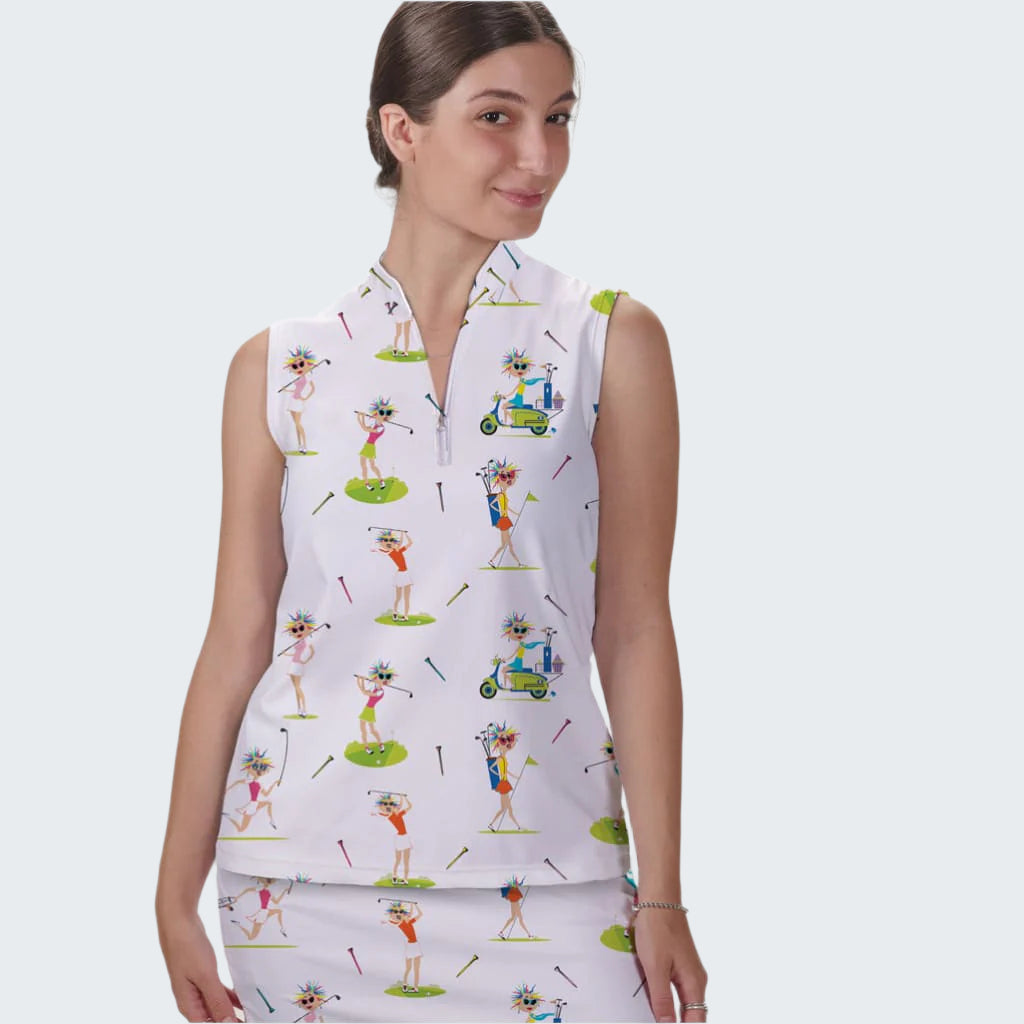 Woman wearing a sleeveless top with a colorful pattern on a white background