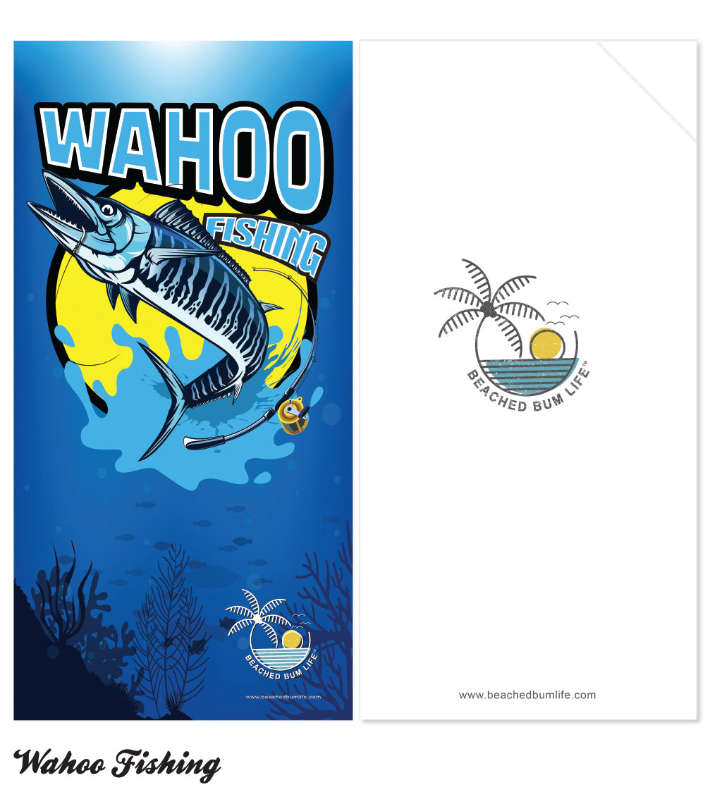 Fishing-themed product with 'Wahoo Fishing' text and a fish illustration on a blue background.