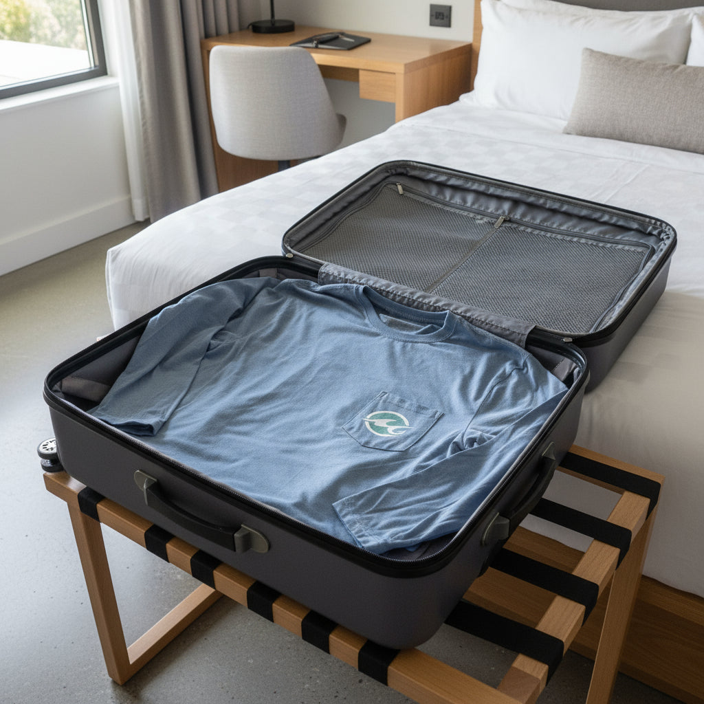 Blue long-sleeve shirt with a logo on a white background
