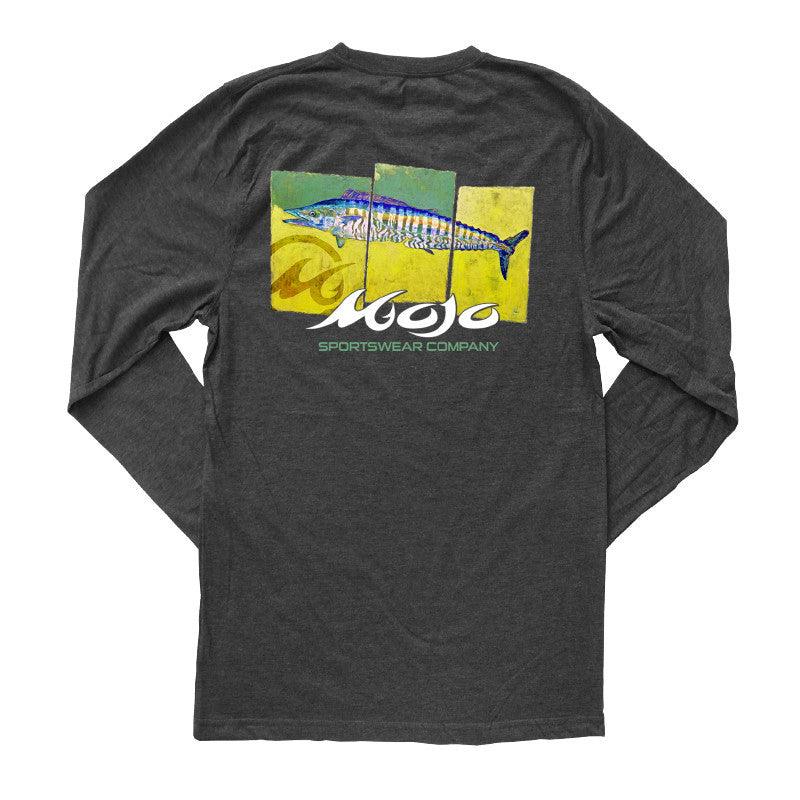 Black long-sleeve shirt with a fish graphic and 'Mojo' branding on a white background