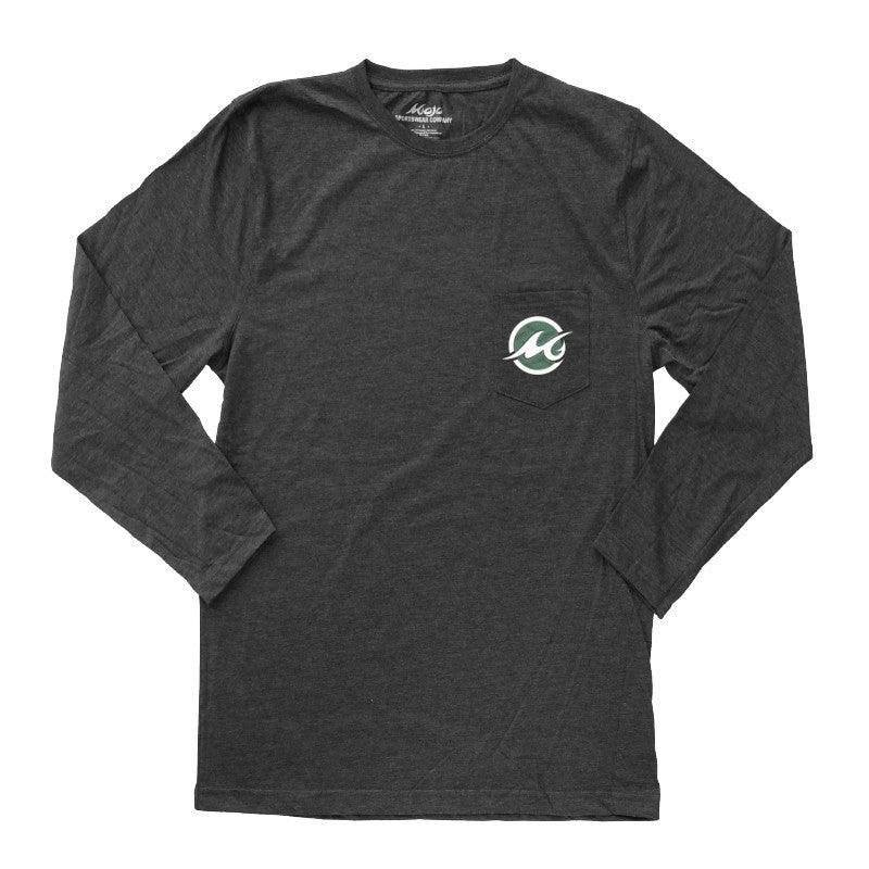 Dark gray long-sleeve shirt with a logo on the chest against a white background