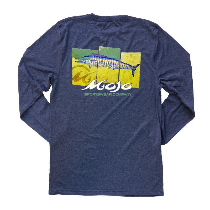 Navy long-sleeve shirt with a fish graphic and brand logo on a white background