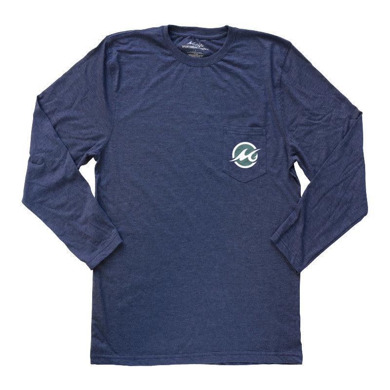Blue long-sleeve shirt with a logo on a white background
