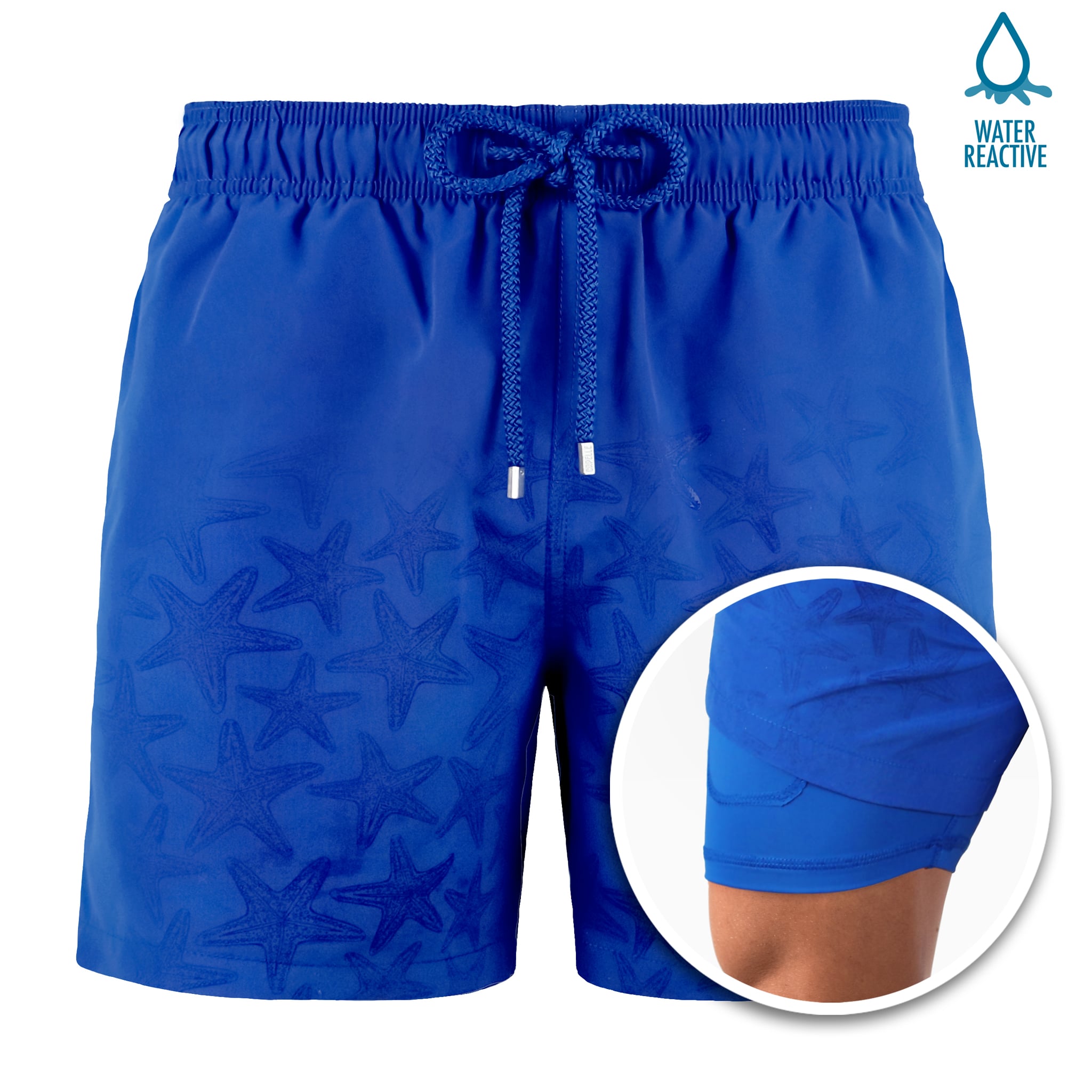Blue swim shorts with starfish pattern and close-up inset on a white background