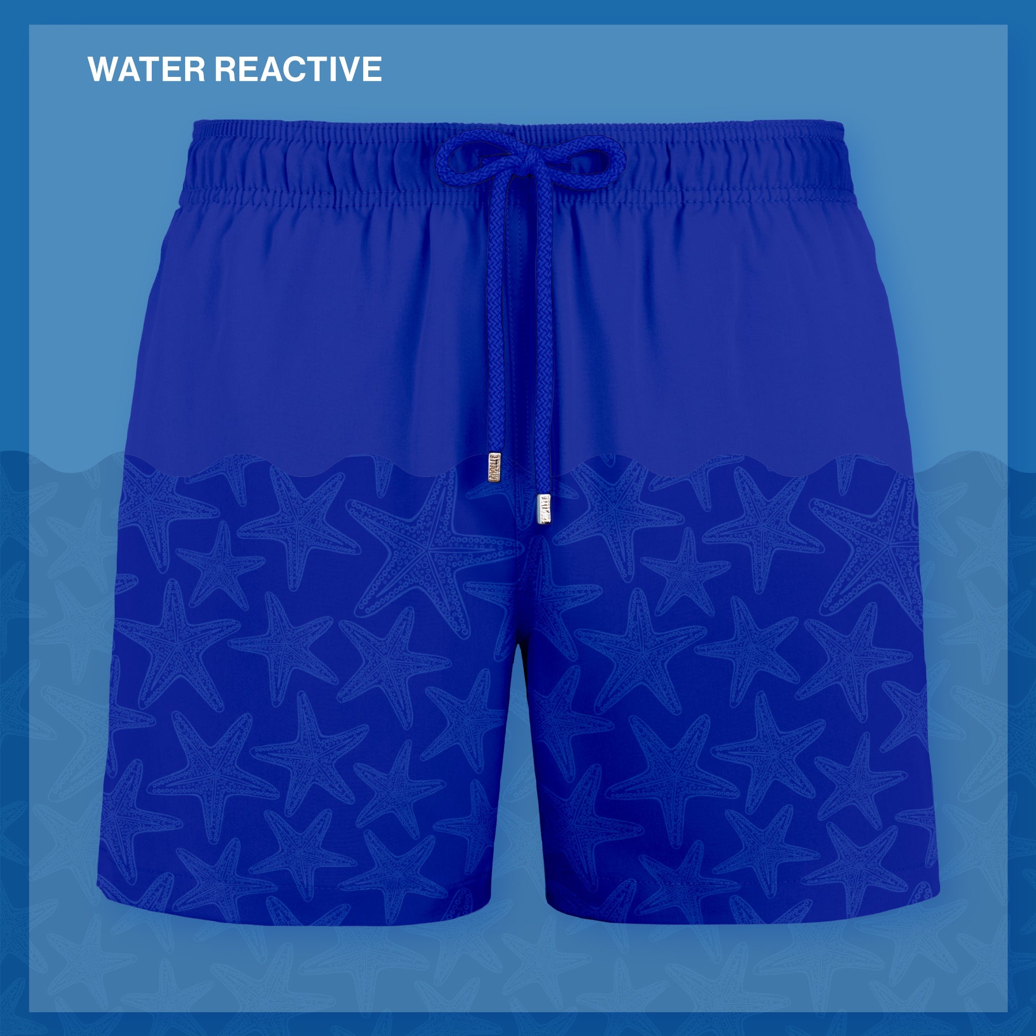 Blue swim shorts with starfish pattern on a blue background