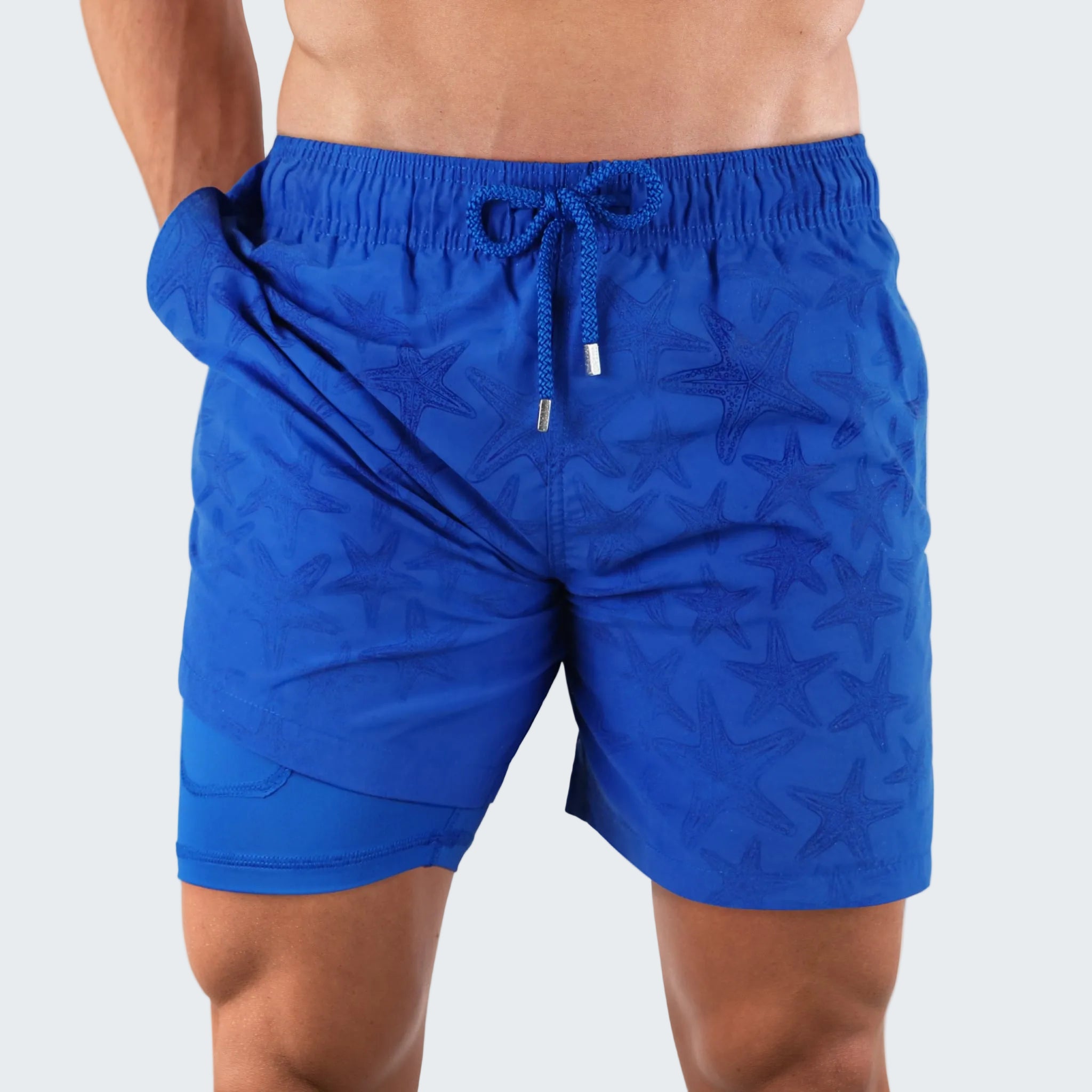 Blue swim shorts with star pattern on a white background