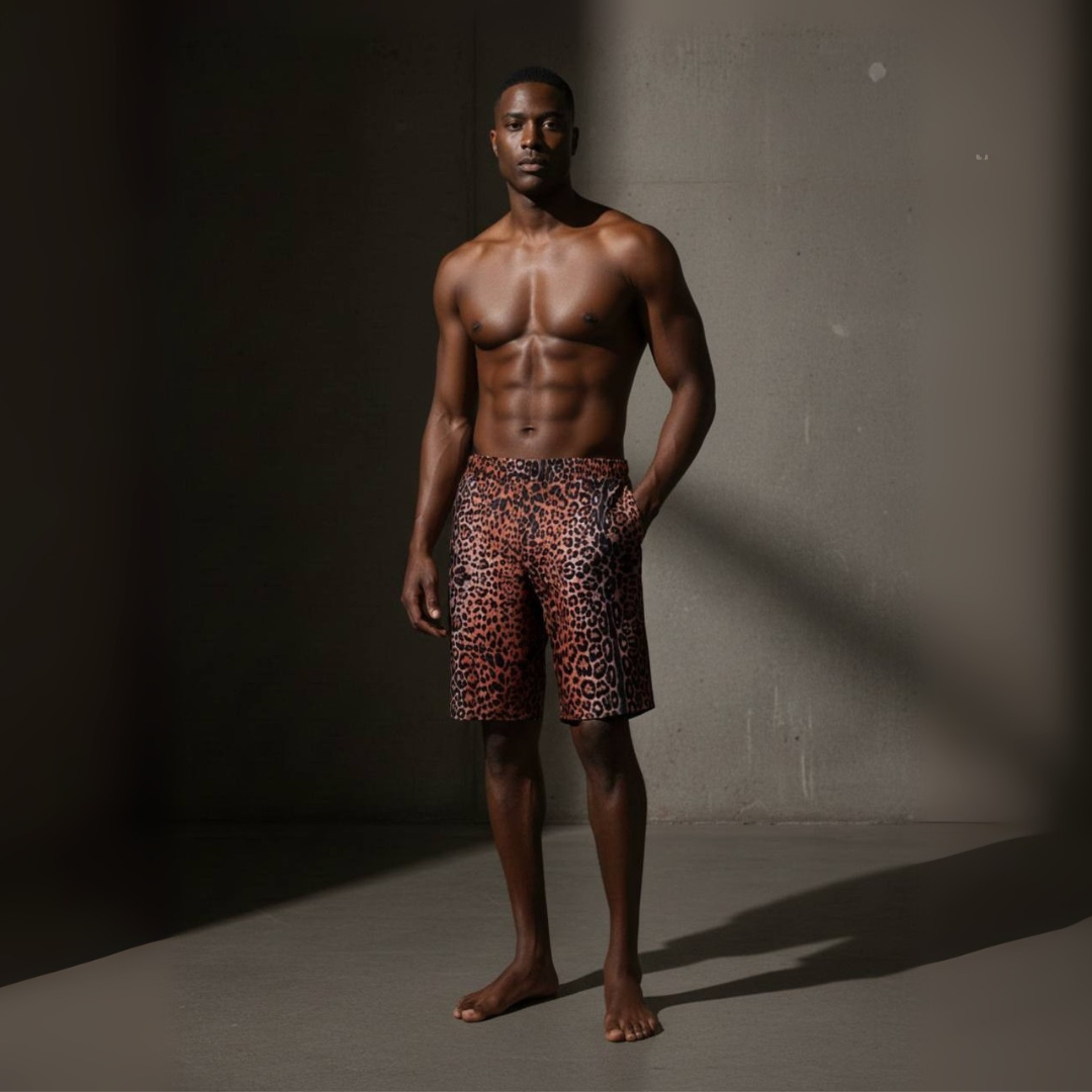 Man wearing leopard print swim shorts standing against a dark background