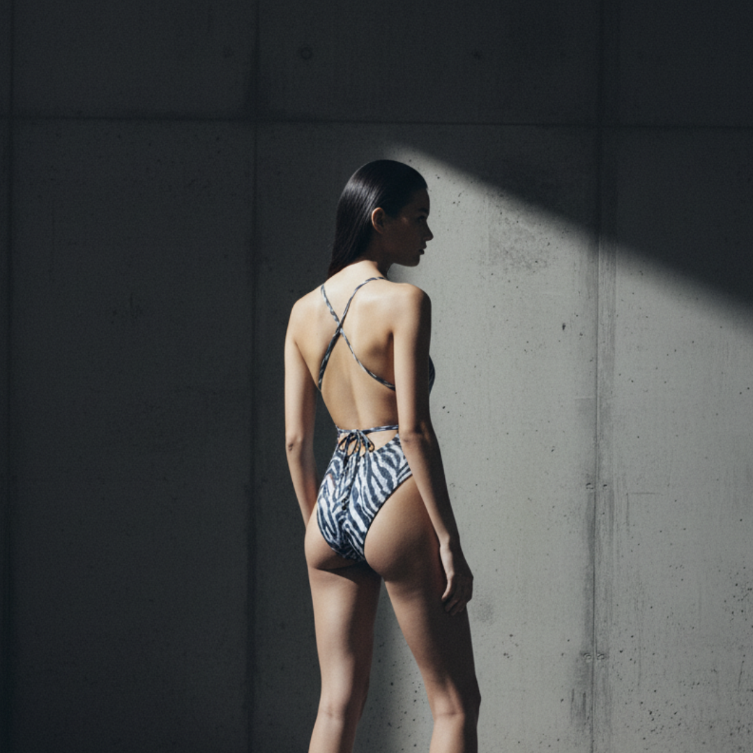 Woman in a patterned swimsuit standing against a textured wall with a light shadow.