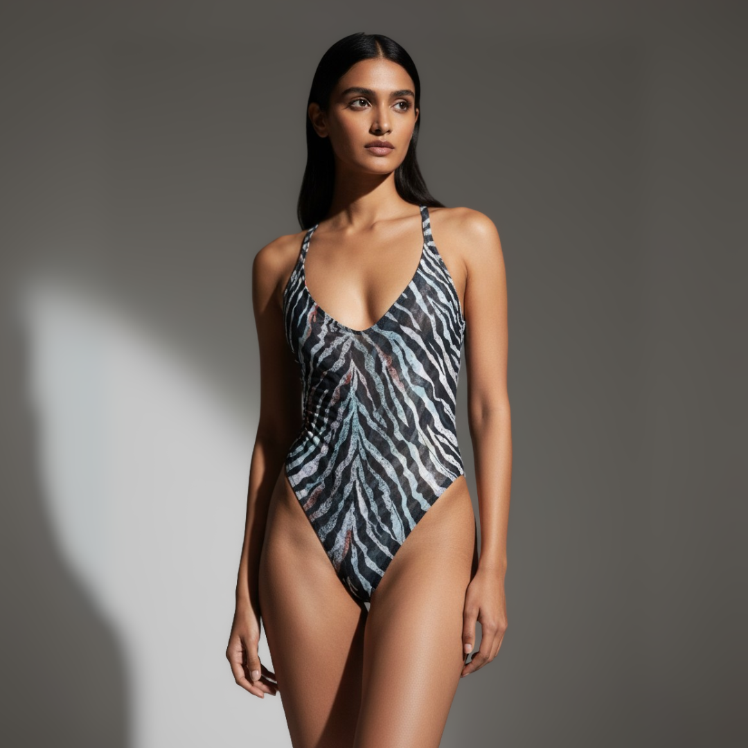 Woman wearing a zebra print swimsuit against a gray background