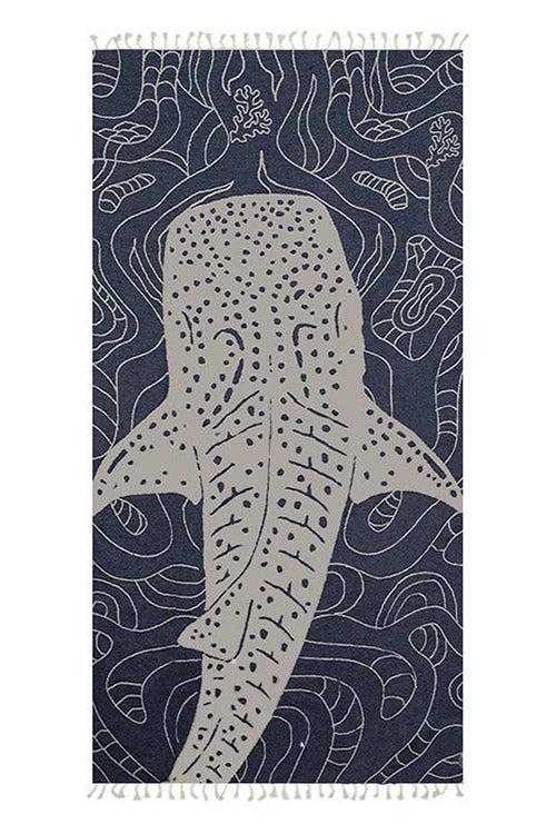 Rug with a shark design on a blue background