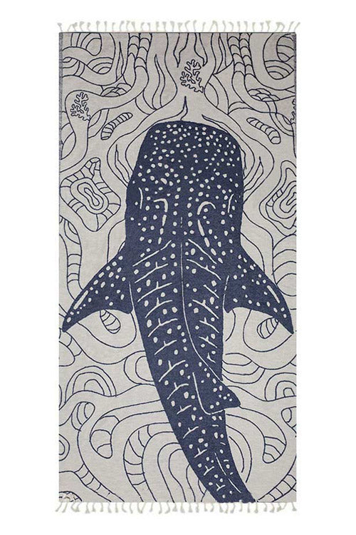 Towel with a whale shark design on a gray background