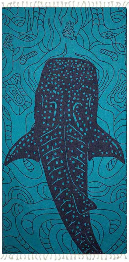 Towel with whale shark design on a blue background