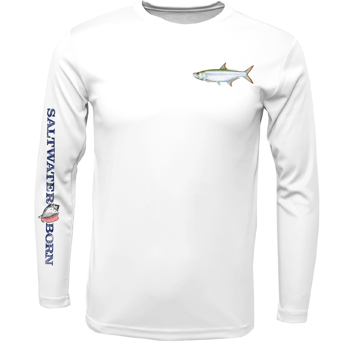 White long-sleeve shirt with fish graphics and 'Saltwater Born' text on a white background