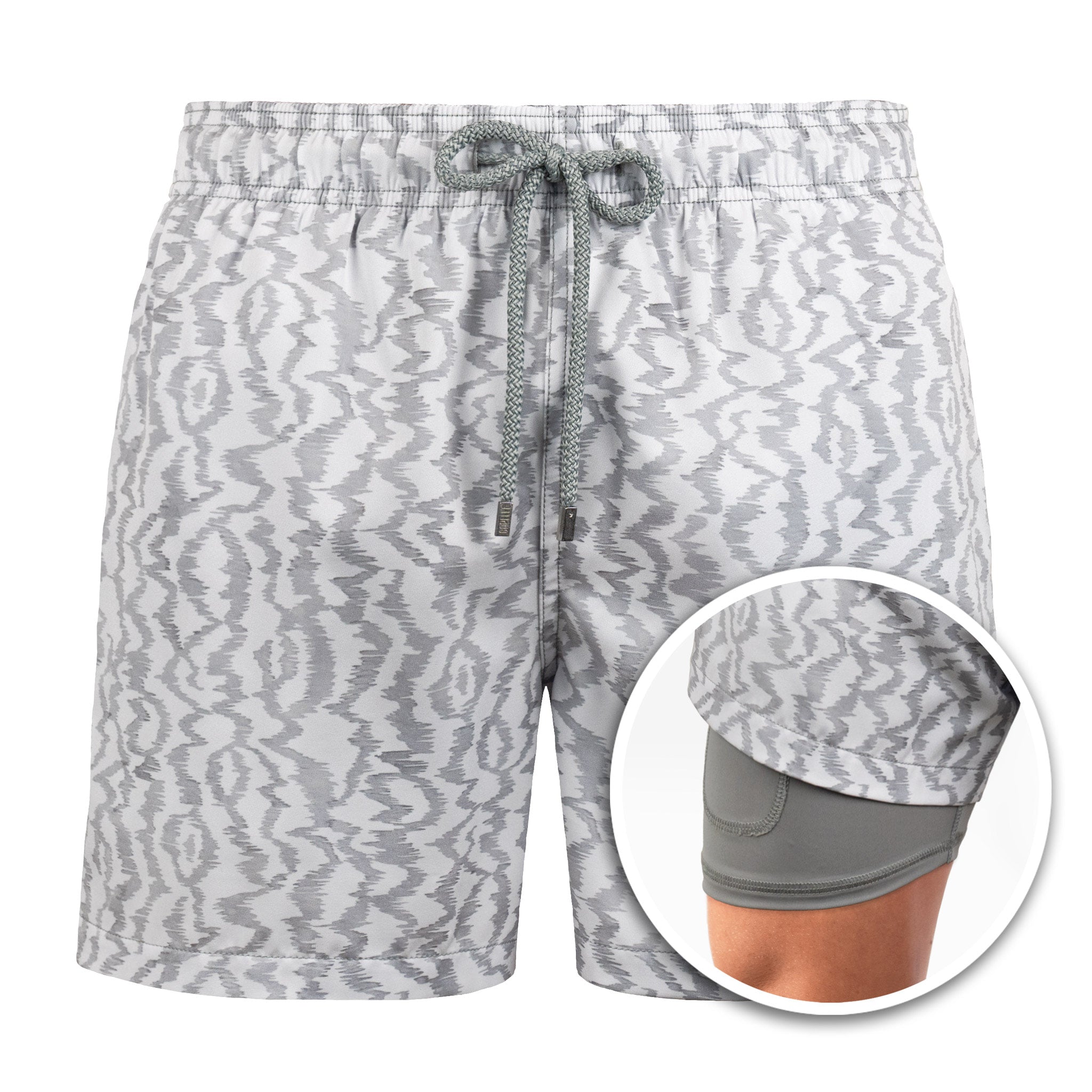 Gray patterned shorts with drawstring and inset showing inner lining on a white background