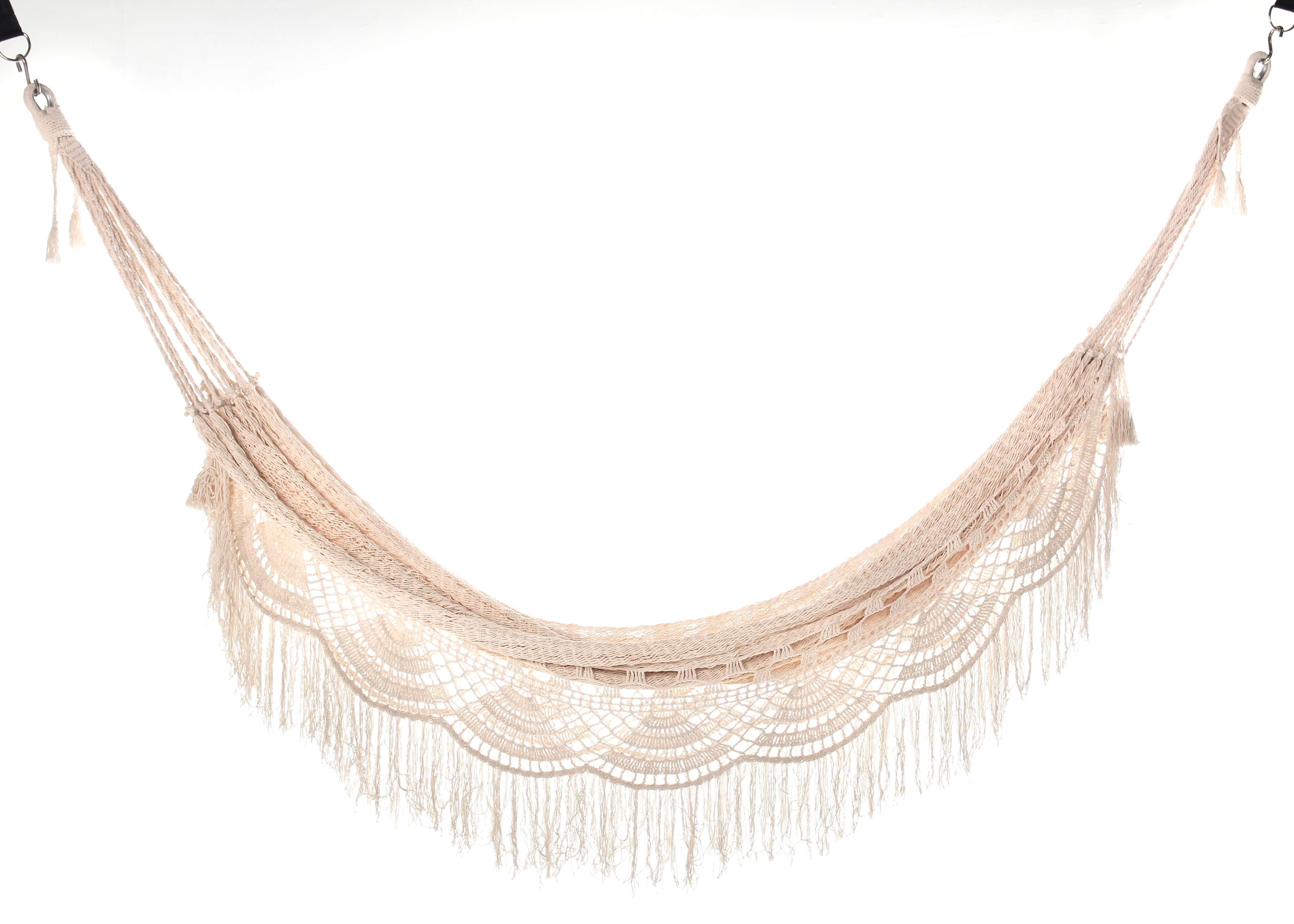 Beige hammock swing with fringe on a white background