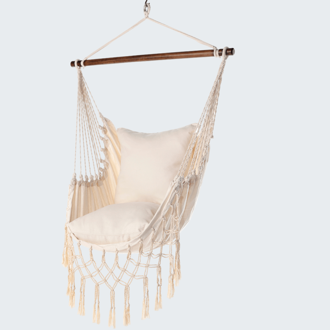 Beige hammock chair with wooden rod on a white background
