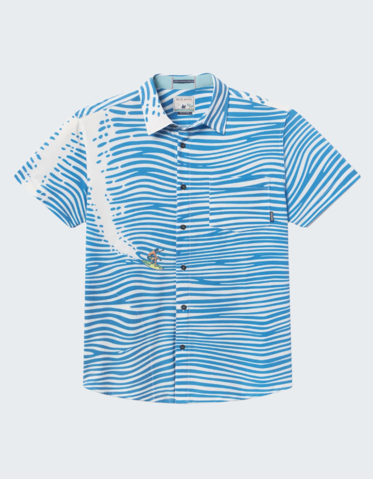 Blue and white striped shirt with a pattern on a white background