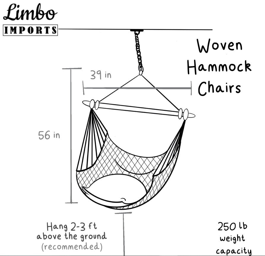 Diagram of a woven hammock chair with dimensions and capacity details, branded 'Limbo Imports'.