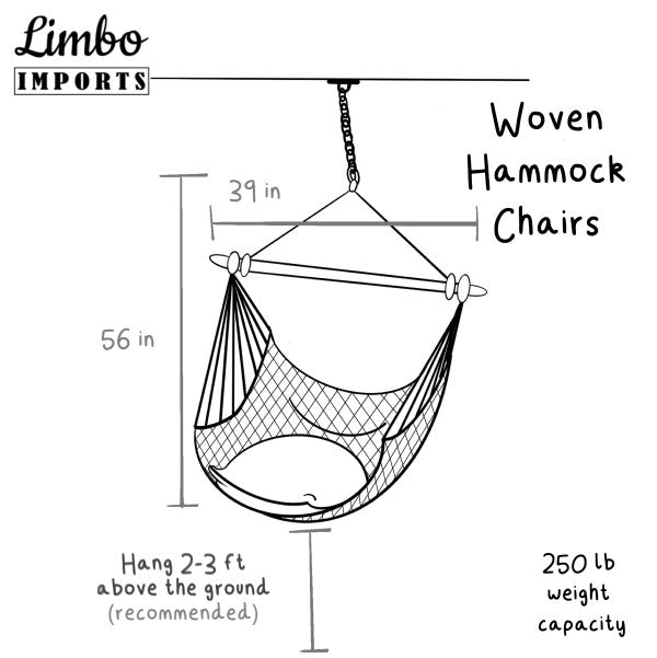 Diagram of a woven hammock chair with dimensions and hanging instructions, branded as Limbo Imports.