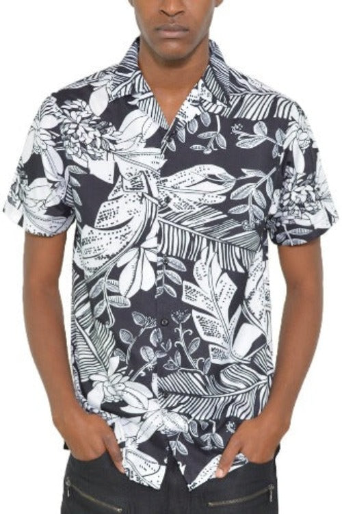 Black and White Palm Short Sleeve Shirt