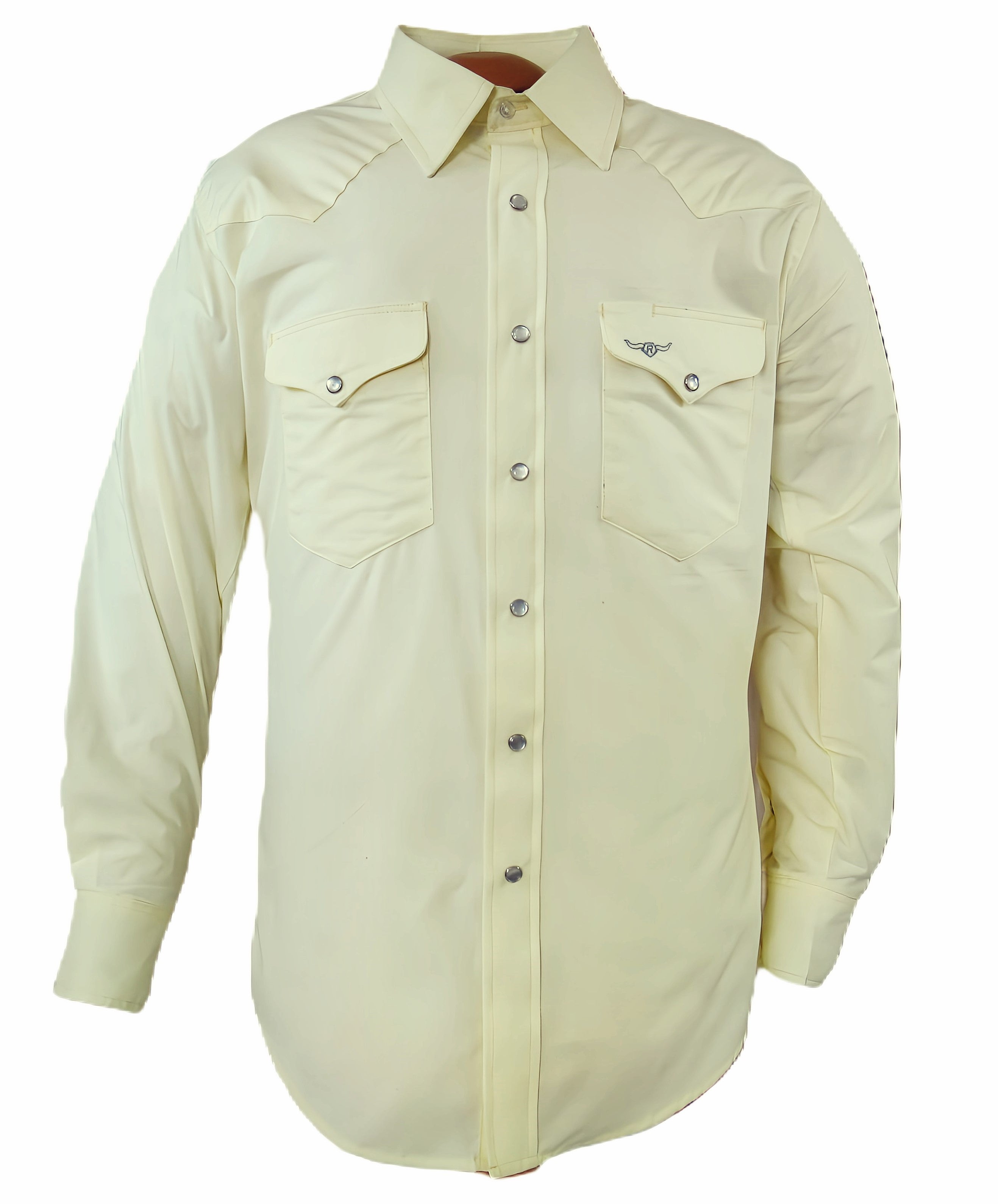 Light-colored long-sleeve shirt with button details on a white background